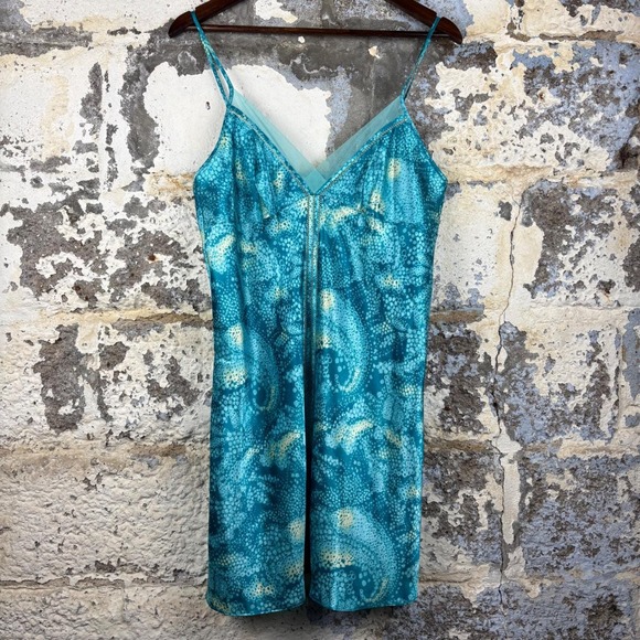 Valerie Stevens Other - Y2K Valerie Stevens Teal Abstract Paisley Satin Chemise BabyDoll Dress Medium